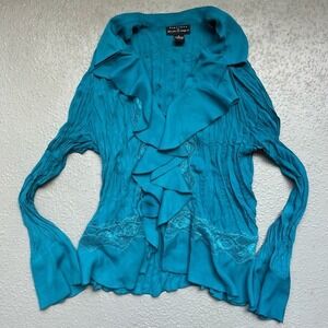 Separates Ruffle Blouse Teal‎ Long Sleeve Button Down Top XL